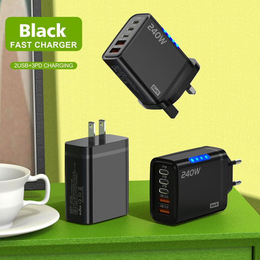 Black fast charger with 240W shown in US, Eurpean and Asian versions on a green surface with a yellow background
