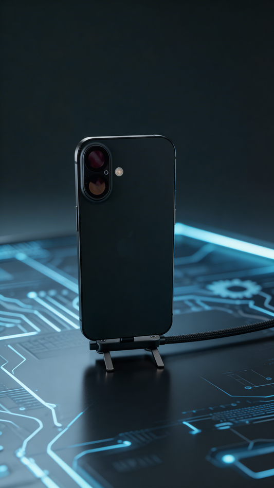 Black smartphone on a stand with a dark background and circuit board design