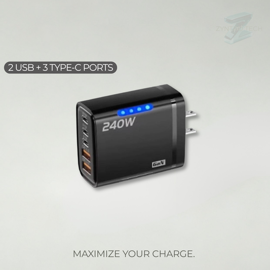 240W power adapter with 2 USB and 3 Type-C ports on a light gray background