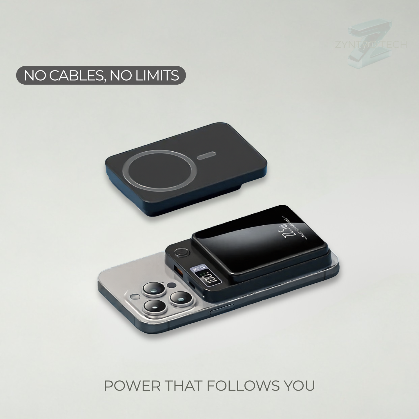 Wireless charging pad with smartphone on a light gray background
