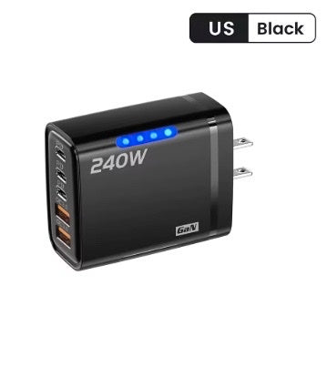 Black 240W power adapter with multiple USB and USB-C ports on a white background