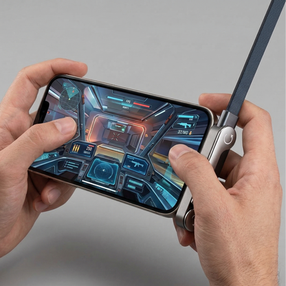Person holding a smartphone on foldable charging cable with built-in stand, closed horizontal position with a futuristic game interface on a gray background