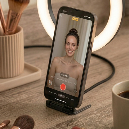 Smartphone on foldable charging cable with built-in stand, open vertical position with a user face on screen at a makeup table, surrounded by makeup tools and a light ring on a wooden surface.