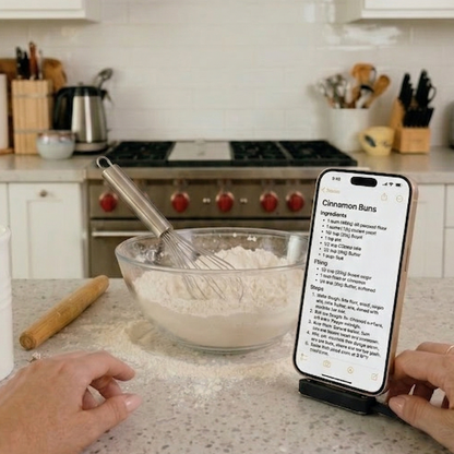 Person using a smartphone on foldable charging cable with built-in stand, open vertical position with a recipe app on screen in a kitchen.