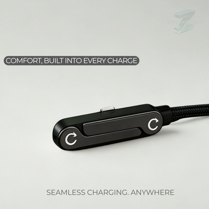 Black charging cable with circular connectors on a light gray background, featuring text about comfort and seamless charging.