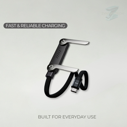 Black and silver charging cable on a light gray background with text about fast and reliable charging.