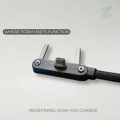 Black charging cable with metallic connector on a light gray background