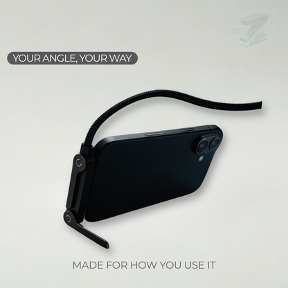 Black phone case with adjustable strap on a light gray background