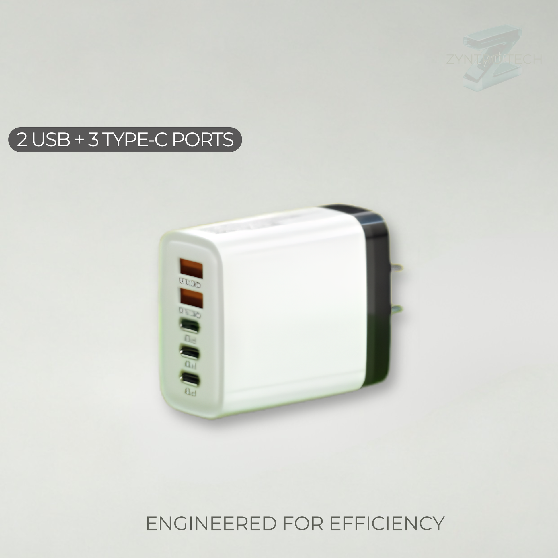 Multichannel charging adapter with multiple ports on a light gray background