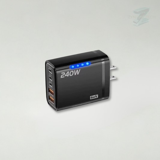 Black 240W power adapter on a light gray background