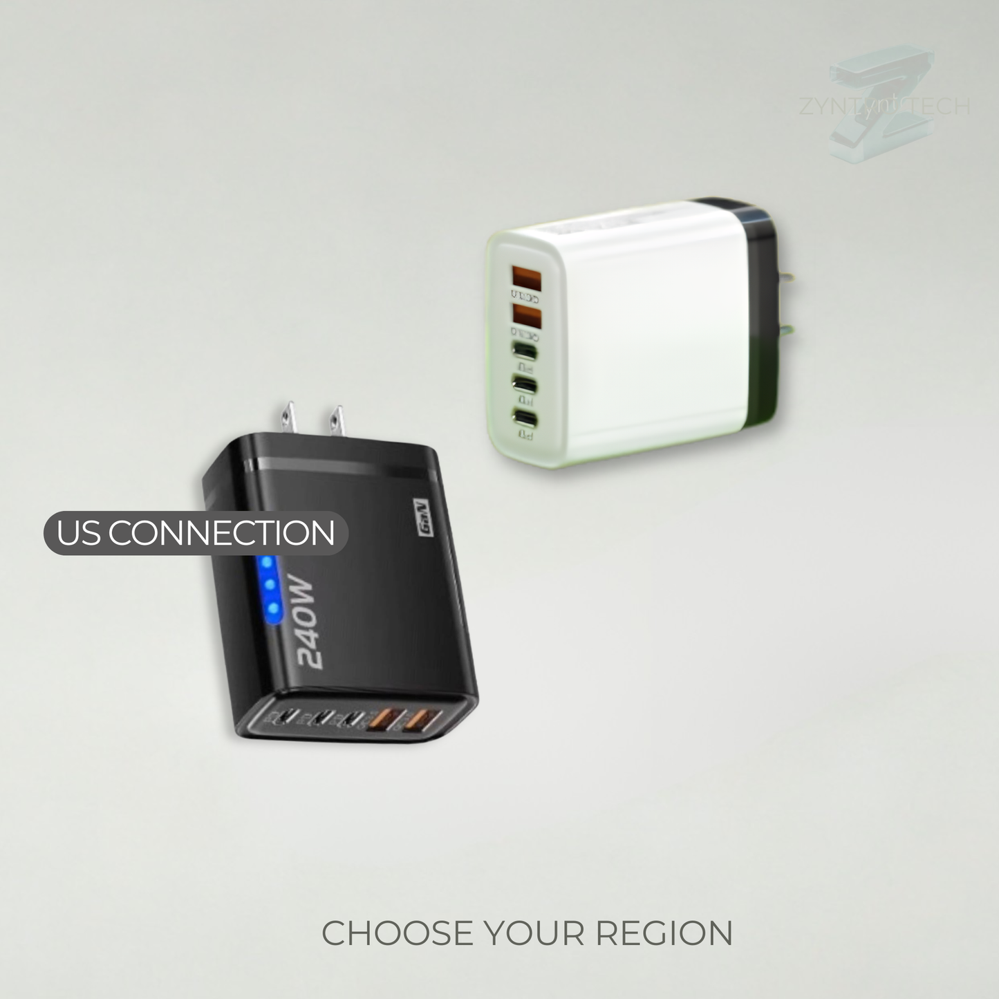Two USB chargers, one black and one white, on a light gray background with 'US Connection' text.