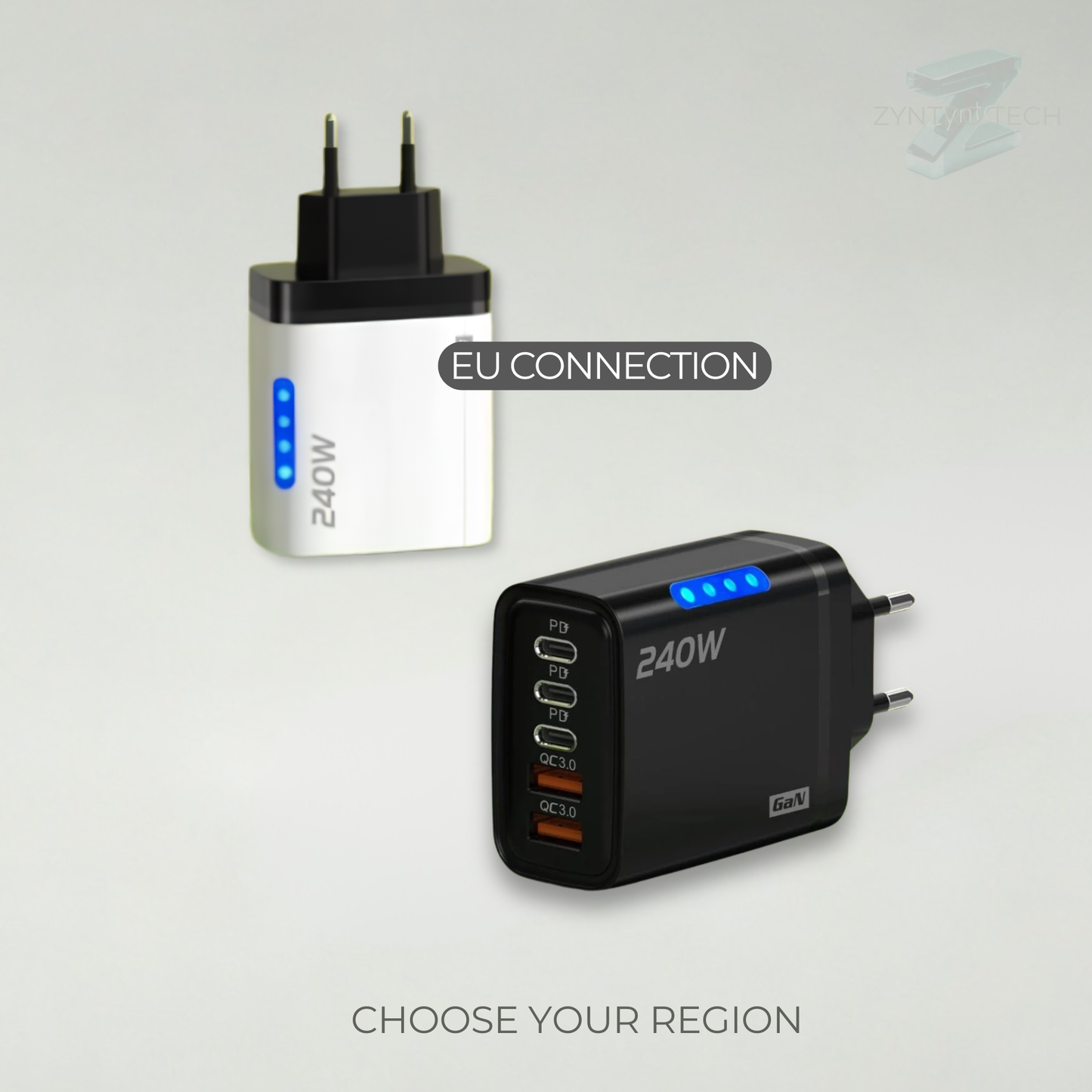 Two power adapters with EU connection on a light gray background